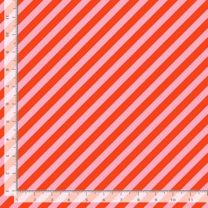 May include: A vibrant fabric featuring a diagonal stripe pattern in alternating shades of red-orange and light pink. The design includes a ruler along the edges, with measurements in inches.