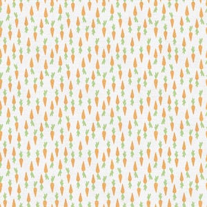 May include: A seamless pattern of orange carrots with green tops on a white background.