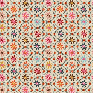 May include: A repeating pattern on a light beige background featuring stylized flowers in shades of pink, orange, yellow, red, and dark blue. The floral motifs are arranged within a diamond-shaped grid formed by small dark green leafy vines.