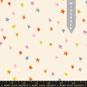 May include: A white fabric with a repeating pattern of colorful stars. The stars are in various shades of yellow, orange, red, pink, blue, and purple. The fabric has a subtle texture and a slightly off-white background.