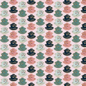 Puede incluir: Un patrón repetido de tazas de té y platillos en varios colores, incluyendo rosa, azul, verde y negro. Las tazas y los platillos tienen un diseño floral y detalles dorados.