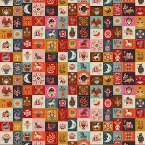May include: A multi-colored fabric pattern featuring a grid of repeating square tiles. Each tile displays distinct illustrations including stylized flowers, birds, horses, houses, crescent moons, suns, and vases in a vibrant, folk-inspired color palette.