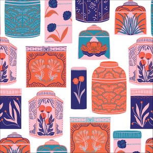 May include: A repeating pattern of decorative tea canisters and cylindrical containers in various colours. The canisters feature floral and geometric designs in shades of pink, teal, orange, and navy blue. Some canisters have the word "TEA" on them.