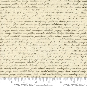 Pode incluir: Tecido creme com um padrão repetido de escrita manuscrita em cinza escuro. O tecido tem uma textura sutil, com uma régua e a palavra "moda" na parte inferior. A escrita é cursiva.