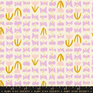 May include: A cream-coloured fabric featuring a repeating pattern of gold and lavender stylized flowers and butterflies. The design includes tulip-like shapes and butterfly silhouettes, creating a whimsical, nature-inspired print.