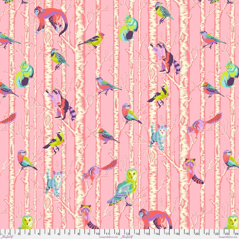 May include: A pink background with a repeating pattern of white birch trees, owls, raccoons, squirrels, monkeys, and birds. The animals are all in bright colors and have a whimsical feel.
