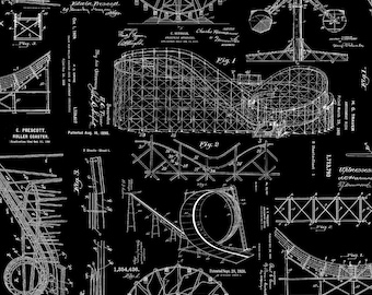 Blueprint Digitally Printed Black - Rollercoaster - Amazement Park - Josh Rey - 3 Wishes Fabric 100% Quilters Cotton