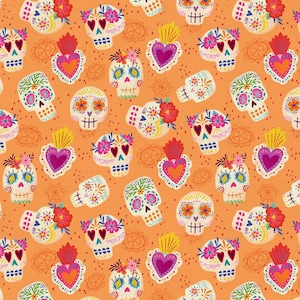 Skulls Orange - Dia De Muertos - Dia dos Mortos - Deborah Curiel - Tecido Paintbrush Studio 100% Algodão Quilters