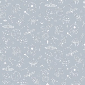 May include: A seamless pattern featuring white outlines of various space-themed illustrations on a light blue background. The illustrations include rockets, spaceships, planets, stars, satellites, and UFOs.