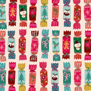 May include: A repeating pattern of Christmas crackers in various colours. Each cracker is decorated with festive motifs including gingerbread men, snowmen, Christmas trees, and floral designs. The crackers are in red, green, blue, and yellow, with decorative bows.