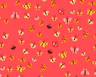 Heather Ross - 20th Anniversary - Butterflies Coral 40933A-9 Windham Fabrics - Quilters Cotton