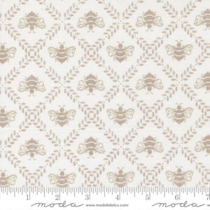 May include: Cream-colored fabric with a repeating pattern of tan bees and leafy vines. The bees are evenly spaced within a diamond grid, creating a symmetrical design. The fabric is suitable for quilting and crafting projects.