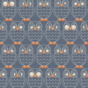 Könnte beinhalten: Ein nahtloses Muster mit einem sich wiederholenden Design von Eulen mit geschlossenen Augen. Die Eulen sind in Weiß umrandet und haben orange Füße. Der Hintergrund ist einfarbig blau.