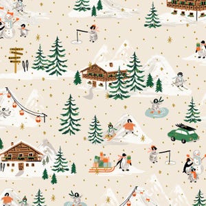 May include: A whimsical winter-themed pattern featuring penguins skiing, snowboarding, and building snowmen. The design includes ski chalets, evergreen trees, mountains, and a ski lift, all set against a cream background with gold star accents. A charming illustration for winter holiday decor.