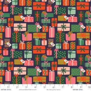 May include: A navy blue fabric with a repeating pattern of colorful gift boxes with gold glitter accents and the words "For You" on the tags. The fabric is designed for quilting, crafts, and other sewing projects.