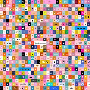 Può includere: Un motivo colorato composto da piccole tessere quadrate, ognuna con un'illustrazione unica. Le tessere sono disposte in una griglia, creando un design visivamente accattivante. Le illustrazioni includono vari oggetti, animali e simboli in una varietà di colori.