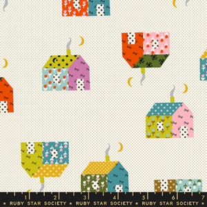 May include: A fabric pattern featuring colorful, geometric houses with chimneys and crescent moons against a cream background with small dots. The houses have various patterns and colors, including floral and polka dots. The text "RUBY STAR SOCIETY" is at the bottom.