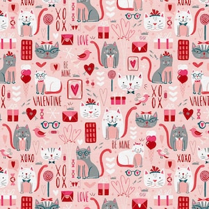 May include: A pink background with a repeating pattern of cats, hearts, candy, and Valentine's Day themed text. The text includes "XOXO", "Love", "Be Mine", and "Valentine".