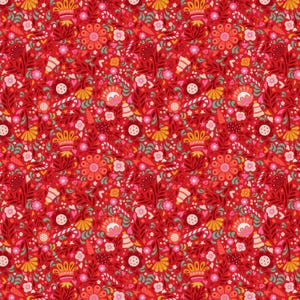 May include: A vibrant red fabric pattern featuring a dense repeating design of stylised flowers, leaves, small hearts, stars, and candy canes in shades of pink, orange, yellow, white, and teal, creating a festive and intricate botanical illustration.