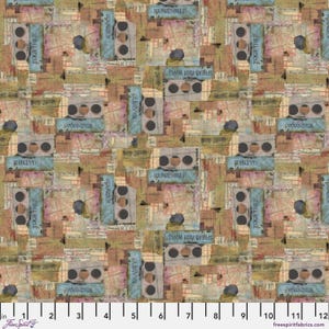 May include: A fabric print featuring a collage of tan, brown, and blue rectangular segments with handwritten script, grid lines, and circular motifs. Text includes "TOGETHER," "WANDER," "REMEMBER," "SPREAD YOUR WINGS," "WONDER," "BEAUTY," and "GATHER."