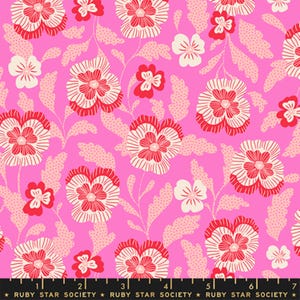May include: A vibrant pink floral fabric featuring a repeating pattern of stylized pansies in red, white, and pink. The flowers are set against a bright pink background with dotted leaf shapes and stems. The text "RUBY STAR SOCIETY" is at the bottom.