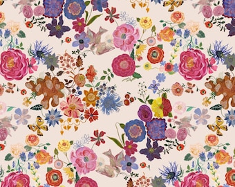 May include: A floral fabric design featuring a variety of colorful flowers, butterflies, and birds on a cream background. The design includes pink, red, blue, yellow, and orange flowers. The fabric has a repeating pattern with a 12-inch ruler at the bottom.