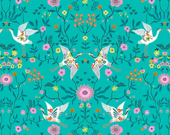 Mirrored Cranes Turquoise - Blossom Days - Bethan Janine - Dashwood Studio - Quilters Cotton