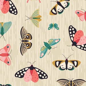 Puede incluir: Un patrón sin costuras con mariposas y polillas coloridas sobre un fondo beige claro. Las mariposas y polillas están en varios tamaños y posiciones, algunas superpuestas. El patrón es perfecto para telas, papel tapiz u otras aplicaciones decorativas.