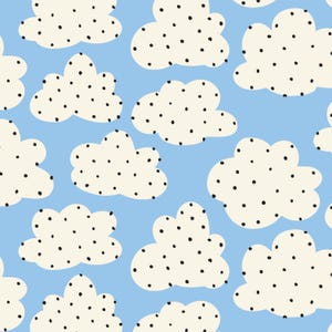 Può includere: Un motivo senza cuciture con forme di nuvole bianche con pois neri su sfondo azzurro. Le nuvole sono uniformemente distanziate, creando un design stravagante e giocoso, adatto a varie applicazioni.