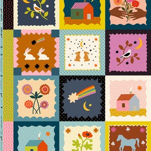 May include: A fabric panel featuring a repeating pattern of whimsical squares. Each square showcases a unique illustration, including houses, rabbits, flowers, rainbows, and celestial elements like moons and stars. The color palette is vibrant, with shades of blue, yellow, orange, and pink.