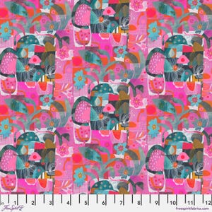 May include: A vibrant fabric pattern featuring a repeating design of abstract floral and botanical elements. The design incorporates pink, teal, orange, and white colors. The pattern includes stylized flowers, leaves, and geometric shapes. The fabric has a bright pink background.