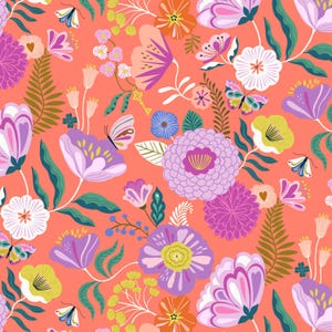 May include: A vibrant floral pattern featuring an array of colorful flowers and butterflies on a coral background. The design includes purple, pink, yellow, and white flowers with green leaves, creating a lively and cheerful aesthetic.