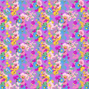 Könnte beinhalten: Ein lebendiges Blumenmuster mit kleinen Blütengruppen in Rosa, Gelb, Blau und Weiß auf einem lavendelfarbenen Hintergrund. Das Design ist ein sich wiederholendes Muster, das eine farbenfrohe und fröhliche Ästhetik erzeugt. Geeignet für Stoff oder Tapete.