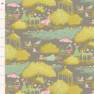 May include: A repeating pattern of women in dresses enjoying a picnic in a garden setting. The background is a muted gray with green and yellow foliage. There are small white cats and gazebos throughout the pattern.