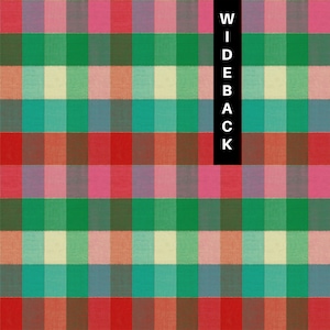 May include: A vibrant plaid fabric featuring a grid of squares in red, pink, green, teal, and brown. The word "WIDEBACK" is printed vertically in white letters on a black background.