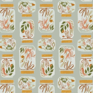 May include: A seamless pattern featuring a repeating design of glass jars with various insects and small animals inside. The jars are filled with a variety of flora and fauna, including butterflies, frogs, and mantises. The jars are outlined in gold and have a brown ribbon tied around the top.
