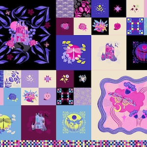 May include: A fabric panel featuring a collage of whimsical illustrations. The design includes castles, butterflies, flowers, and geometric patterns in shades of pink, purple, blue, and yellow. The text "Glow Garden" is visible.