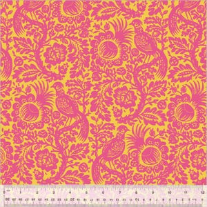 May include: A yellow fabric with a pink floral pattern featuring stylized birds. The pattern is repeated throughout the fabric.