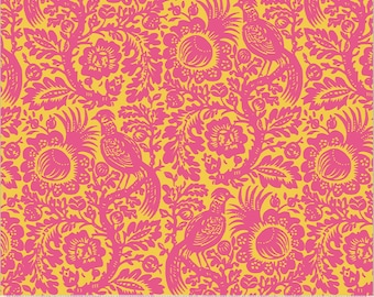 May include: A yellow fabric with a pink floral pattern featuring stylized birds. The pattern is repeated throughout the fabric.