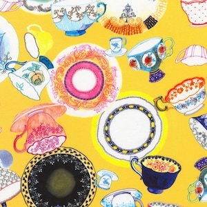 May include: A yellow background with a pattern of teacups and saucers. The teacups and saucers are decorated with various floral and geometric designs in bright colors.