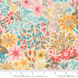 May include: A floral fabric with a cream background, featuring a variety of colorful flowers. The design includes pink, yellow, orange, and blue blossoms, with brown and teal accents. The fabric is patterned with a mix of large and small flowers.