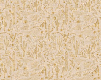 May include: A repeating pattern featuring desert flora and fauna in shades of tan and gold. The design includes cacti, rabbits, birds, and floral elements, creating a Southwestern or desert theme. The detailed illustrations are set against a neutral background.