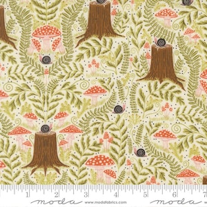 May include: A cream-colored fabric with a repeating pattern of brown tree stumps, red and white spotted mushrooms, green ferns, and small snails. The fabric has a whimsical, forest-inspired design, with a ruler at the bottom.