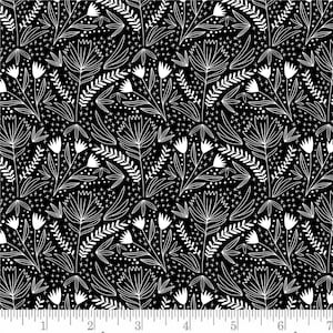 May include: Black and white floral pattern with a repeating design of stylized flowers and leaves. The pattern is on a black background.