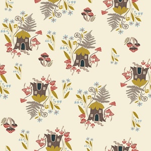 May include: A seamless pattern featuring whimsical houses built into tree trunks, surrounded by mushrooms, ferns, and delicate flowers on a cream background.