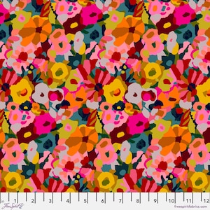 Puede incluir: Una tela floral colorida con un patrón repetitivo de flores rosas, rojas, naranjas, amarillas y verdes sobre un fondo azul oscuro.