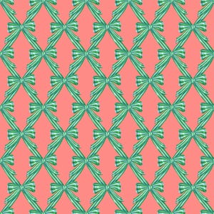 May include: A repeating pattern of green and white striped bows arranged in a diamond grid against a coral background. The bows are detailed with a textured appearance, creating a visually appealing design.