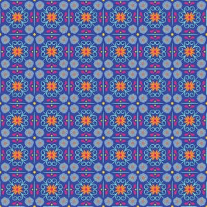 May include: A seamless pattern with a repeating design of stylized flowers in shades of orange, blue, pink, and yellow on a dark blue background.