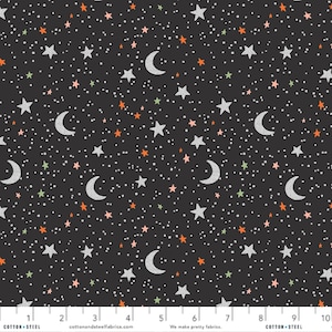 May include: A black fabric with a repeating pattern of white crescent moons and stars. The stars are in various sizes and are scattered randomly across the fabric. There are also small white dots scattered across the fabric.