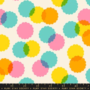 Può includere: Uno sfondo bianco con un motivo ripetitivo di cerchi sovrapposti in vari colori, tra cui rosa, blu, giallo, verde e arancione. I cerchi hanno un bordo a festoni.